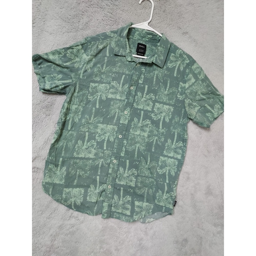 RVCA Shirt Mens Medium Palm Tree Surfer Viscose Blend Green Surfer Beach Grapiic